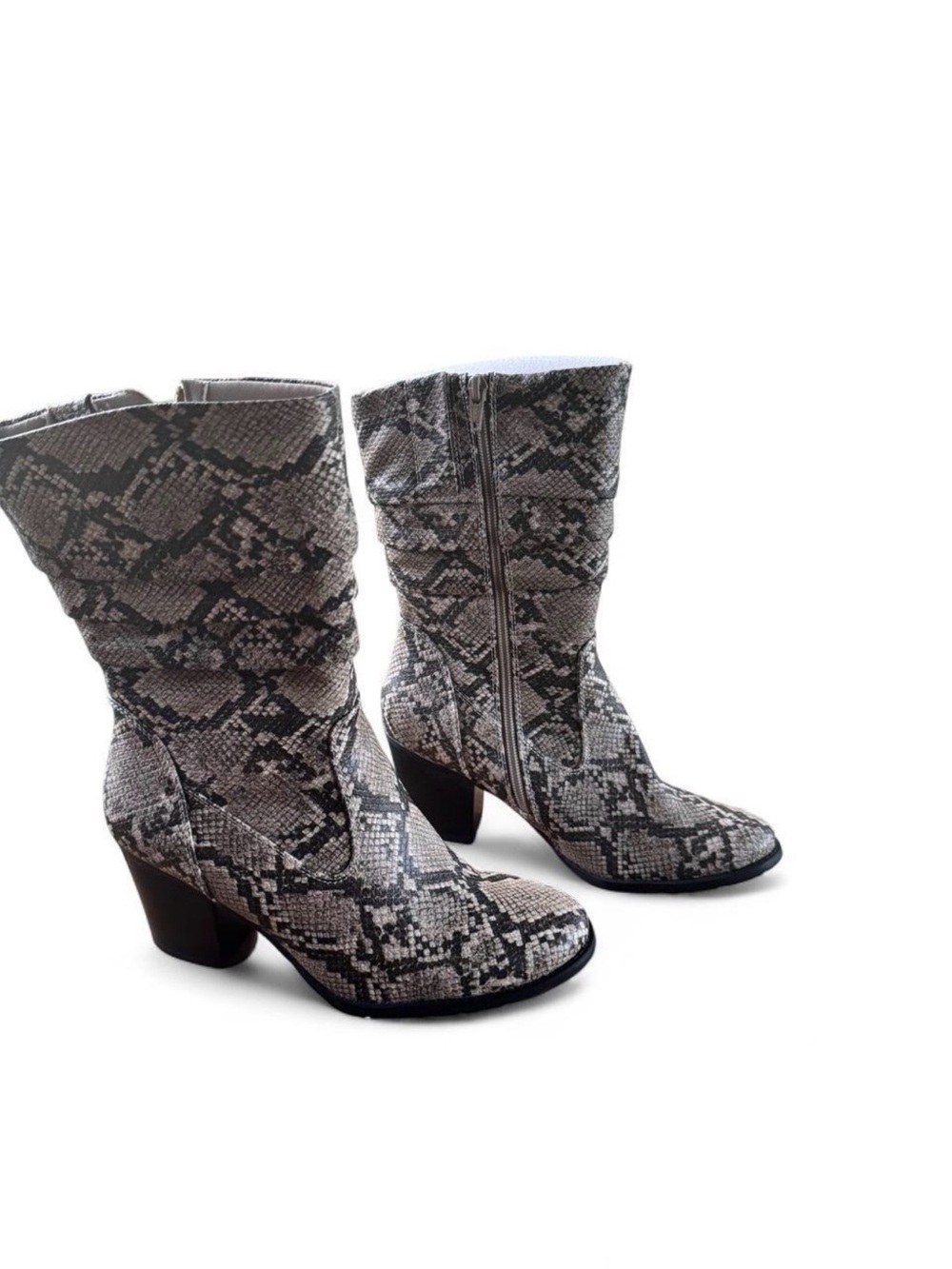 BareTraps Snake-Print Mid-Calf Heeled Boots - Gray